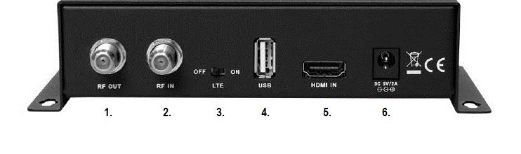 1. TYLNY PANEL 1. RF OUT: ZŁĄCZE WYJŚCIA SYGNAŁU RF 2. RF IN: ZŁĄCZE WEJŚCIA SYGNAŁU RF 3. LTE: WŁĄCZNIK FILTRU SYGNAŁU 4G LTE TYPU ON / OFF ON > SYGNAŁ LTE JEST FILTROWANY.