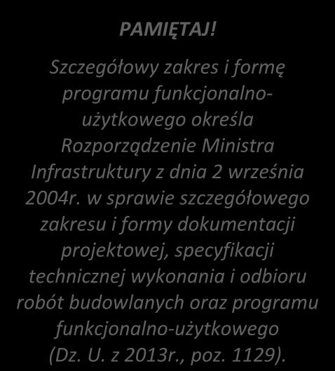 PAMIĘTAJ! Szczegółowy zakres i formę programu funkcjonalnoużytkowego określa Rozporządzenie Ministra Infrastruktury z dnia 2 września 2004r.