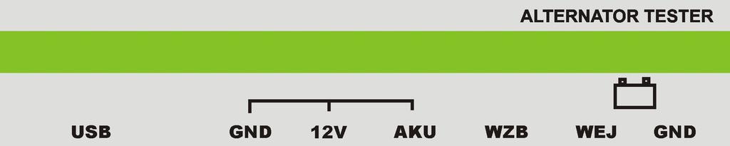 Podłączenie : ALTERNATOR wzbudzenie USB = gniazdo połączenia z komputerem GND = masa MINUS 12V (lub minus 24V) 12V = podłączenie alternatora 12V lub 24V AKU = podłączenie PLUS 12V,lub 24V akumulatora