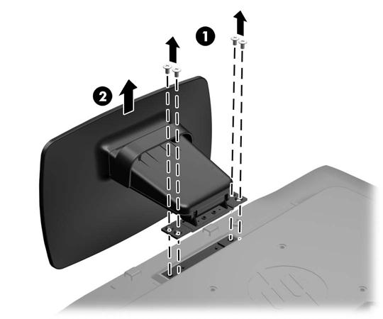 3. Wykręć cztery wkręty (1) mocujące stojak do monitora i odłącz stojak (2) od monitora.