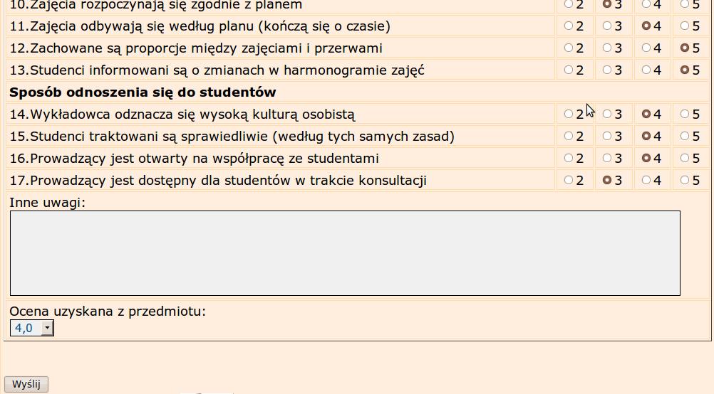 Oto główne kategorie oceny, wraz z podlegającymi bezpośredniej ocenie problemami szczegółowymi: 1. Atrakcyjność zajęć. a.
