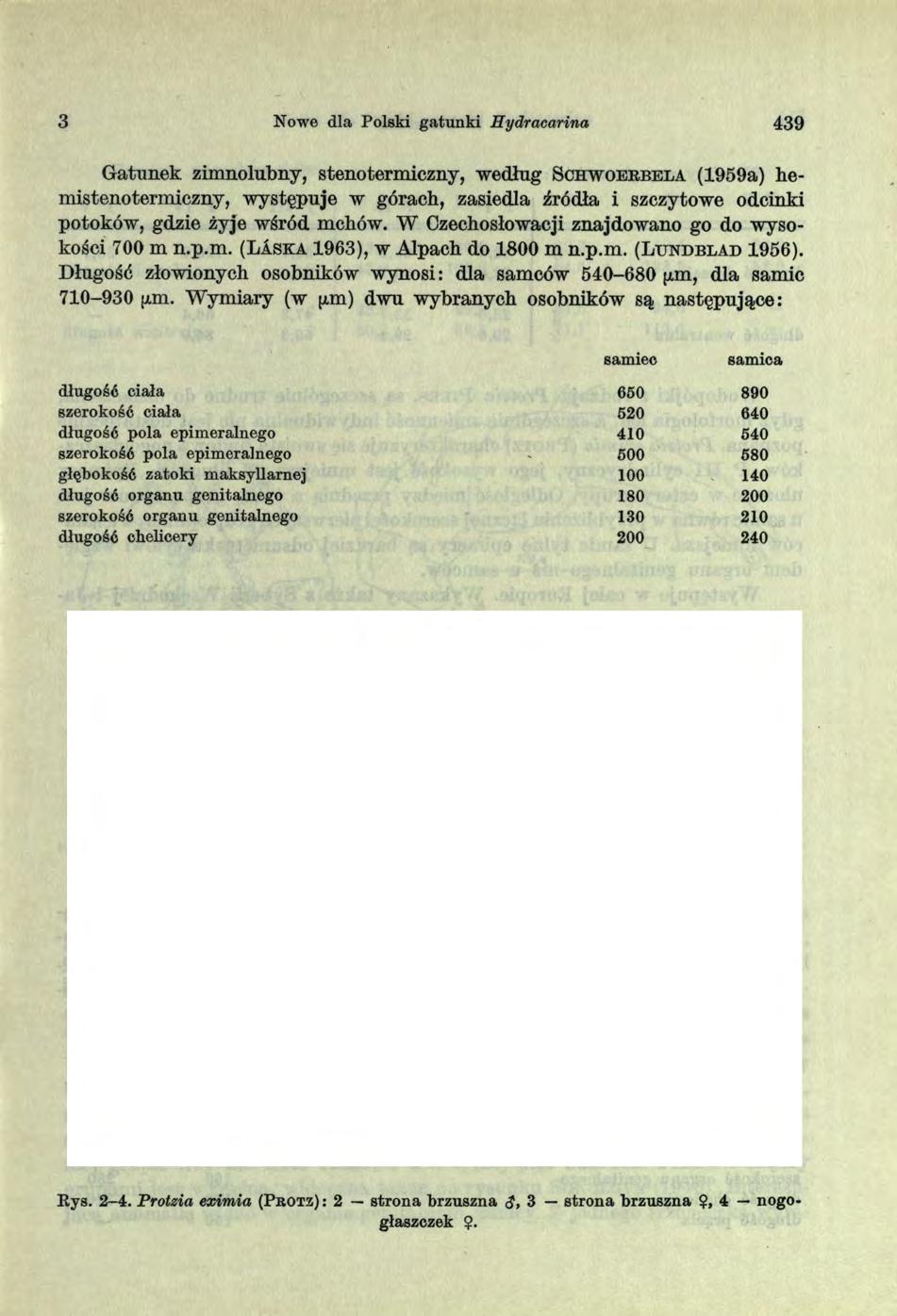 3 Nowe dla Polski gatunki Eydracarina 439 Gatunek zimnolubny, stenotermiczny, -według S c h w o e r b e l a (1959a) hemistenotermiczny, występuje w górach, zasiedla źródła i szczytowe odcinki