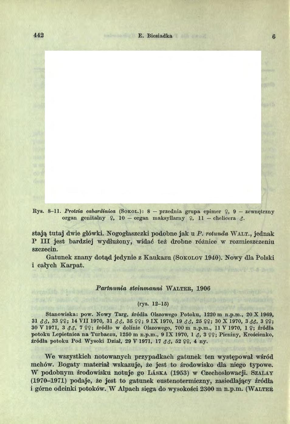 442 E. Biesiadka 6 \ I 11 100 /1 Rys. 8-11. Protzia cabardinica (S o k o l.): 8 przednia grupa epim er?, 9 zewnętrzny organ g enitalny $, 10 organ m aksyllarny?, 11 chelicera <J.