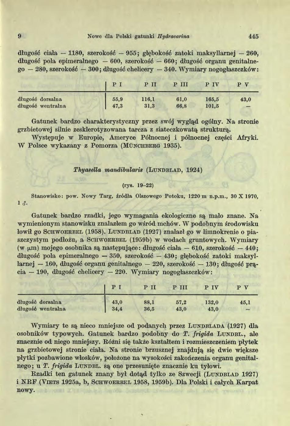 9 Nowe dla Polski gatunki Hydracarina 445 długość ciała 1180, szerokość 955; głębokość zatoki maksyllarnej 260, długość pola epimeralnego 600, szerokość 660; długość organu genitalnego 280, szerokość