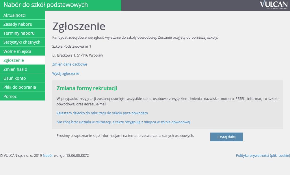 Przeglądanie oferty edukacyjnej szkół podstawowych Zgłoszenie kandydata do rekrutacji do szkoły poza obwodem W przypadku decyzji o rekrutacji poza obwodem należy kliknąć w panelu Zgłoszenie odnośnik:
