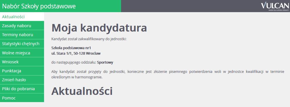 Przeglądanie oferty edukacyjnej szkół podstawowych pierwszą pozycję w bocznym menu Aktualności.