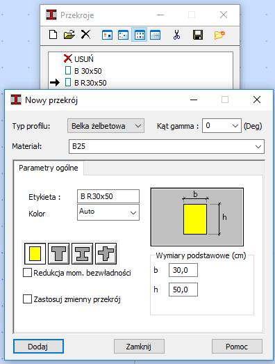 przejść do zakładki Beton, tam wybrać odpowiedni materiał, przypisać do profilu i potwierdzić przyciskiem Zastosuj. 3. Geometria ramy Geometria ramy.