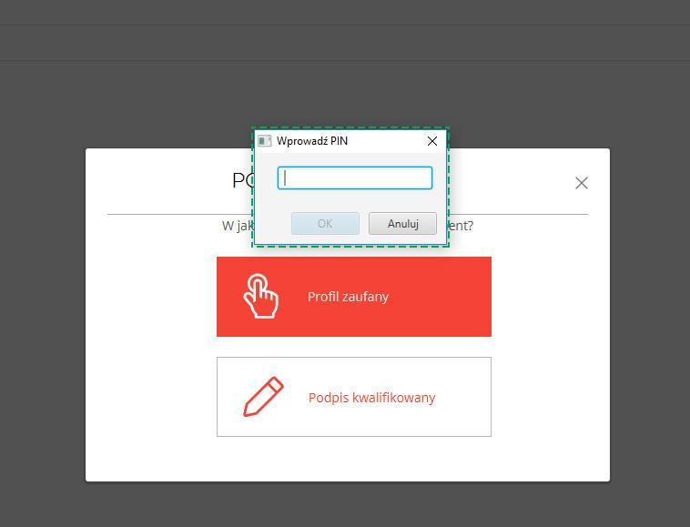 Na ekranie Wprowadź PIN należy podać PIN certyfikatu i zatwierdzić przyciskiem OK. Jeżeli wprowadzony PIN jest poprawny wyświetlony zostanie ekran Podsumowania z uzupełnioną listą podpisów.
