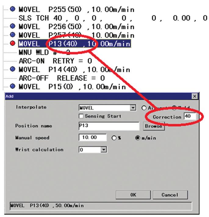 Part of program code with new Touch Sensor sequence punkt początkowy operacji szukania P2, następnie komendę SLS TCH 14, która zawiera informację o kierunku szukania oraz punkt P3 automatycznie