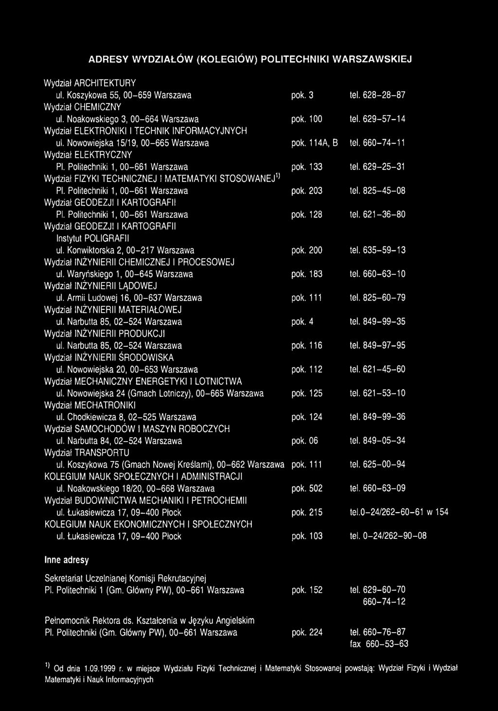 133 tel. 629-25-31 Wydział FIZYKI TECHNICZNEJ I MATEMATYKI STOSOWANEJ11 PI. Politechniki 1, 00-661 Warszawa pok. 203 tel. 8 25-45-0 8 Wydział GEODEZJI I KARTOGRAFII PI.