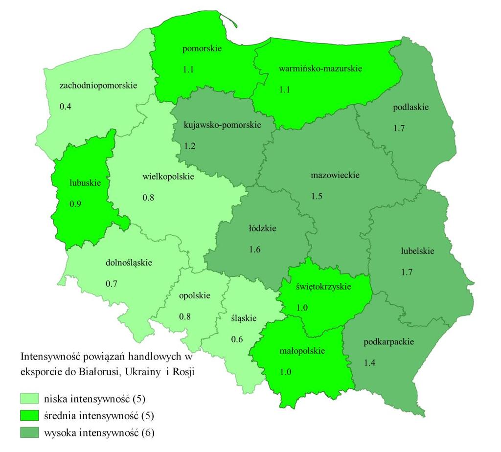 7.4. Wschodni sąsiedzi Rosja, Białoruś, Ukraina W przypadku wymiany ze wschodnimi sąsiadami podobnie jak w przypadku handlu z południem widać tendencję regionalną tj.