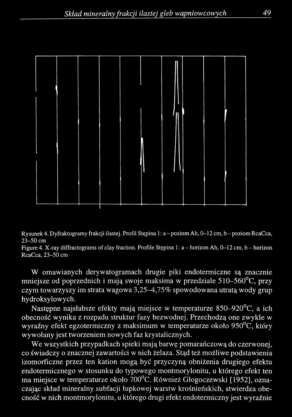 Profile Stępina 1 : a - horizon Ah, 0-1 2 cm, b - horizon RcaCca, 2 3-5 0 cm W omawianych derywatogramach drugie piki endotermiczne są znacznie mniejsze od poprzednich i mają swoje maksima w