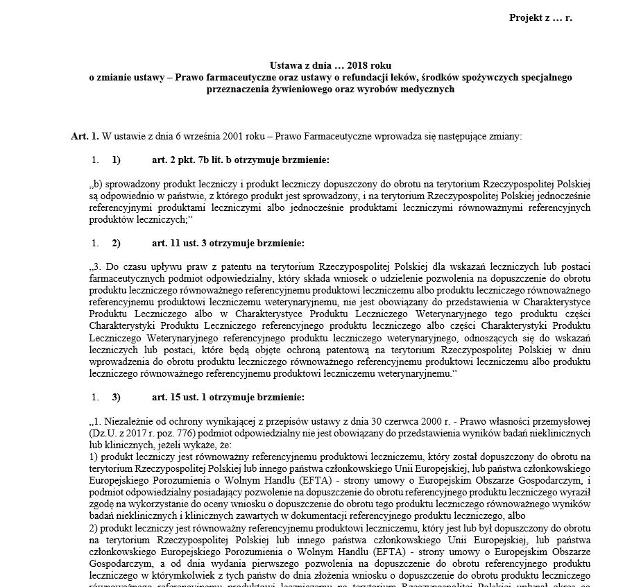 Projekt ustawy Polski Związek Pracodawców Przemysłu Farmaceutycznegowystąpi do Ministerstwa Zdrowia z inicjatywą zamiany określenia "odpowiednik" na "lek równoważny" lub "lek