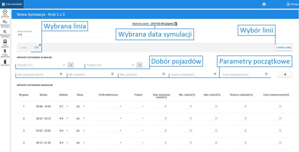 Przed wykonaniem symulacji należy wybrać datę symulacji, linię, pojazdy