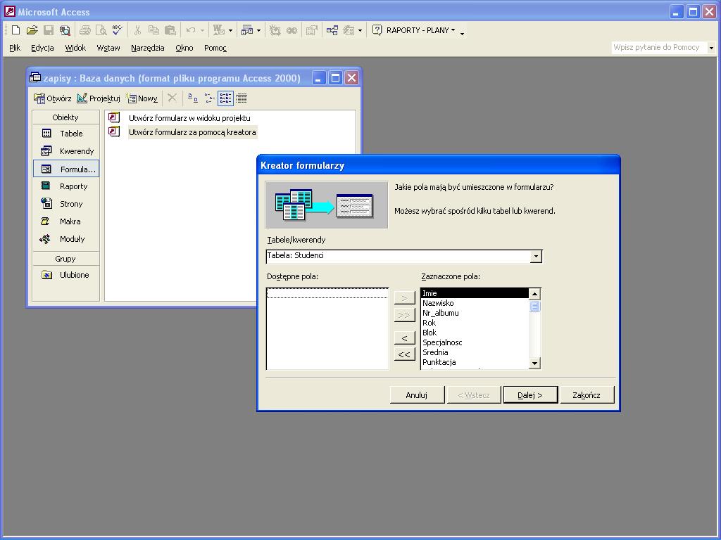 MS Access formularze Formularze to obiekty służące do wprowadzania i edycji danych znajdujących się w tabelach.