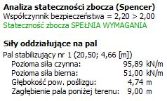 Po wybraniu przycisku Wyniki szczegółowe pojawia się okno dialogowe zawierające informacje dotyczące obliczeń stateczności zbocza.