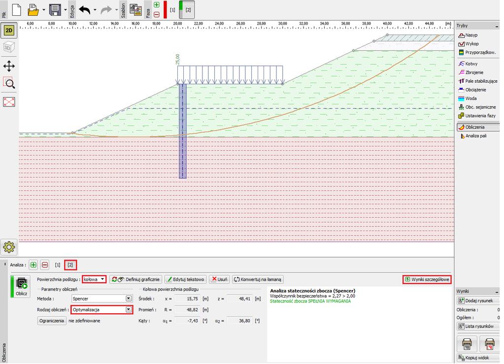Program Stateczność zbocza obliczenia z uwzględnieniem rzeczywistych nośności pali Uwaga: Kształt oraz położenie krytycznej powierzchni poślizgu może ulec zmianie przy zmianie nośności pali.