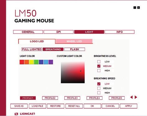 OPROGRAMOWANIE USTAWIENIA PODŚWIETLENIA LED Zakładka Light Tu możesz ustawić podświetlenie LED myszy gamingowej LM50.