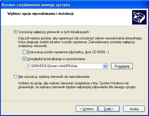 Następnie poleceniem Przeglądaj należy wybrać ścieżkę dostępu do sterowników na płycie