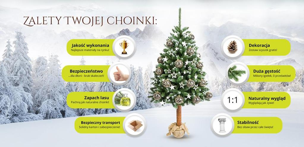 Ciężka choinka = GĘSTA CHOINKA! Choinka 215 cm składa się z 2 części. W produkcji choinki zastosowano nowatorskie rozwiązania mocowania korony w pniu dzięki czemu montaż jest bardzo szybki i prosty.