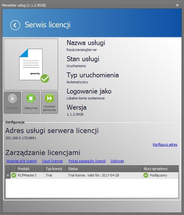 Wybór serwera licencji w RCP Master 3. Po poprawnym dodaniu pliku licencyjnego w Menadżerze usług Roger SVC należy przejść do RCP Master 3 celem wyboru serwera licencji.