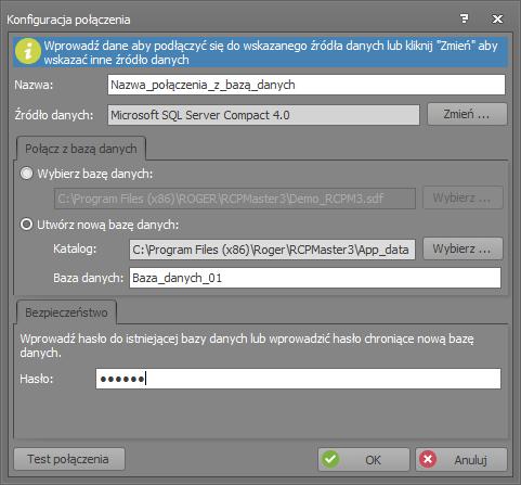 Tworzenie plikowej bazy danych W oknie Konfiguracja połączenia należy: wprowadzić unikalną nazwę dla tworzonego połączenia (bez spacji), wybrać źródło danych (w tym przypadku będzie to plikowa baza