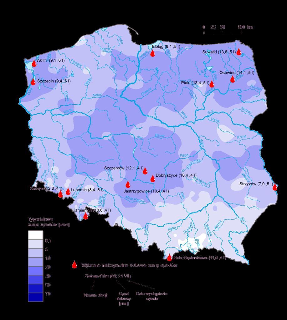 3. Rozkład tygodniowej sumy opadów oraz wybrane