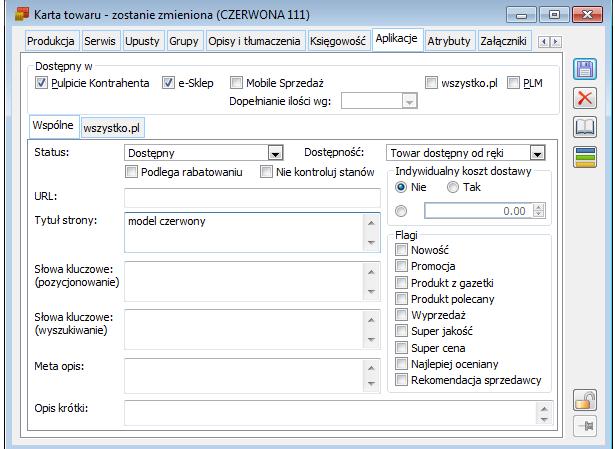 Dla produktu: Karta towaru -> zakładka Aplikacje -> pole Tytuł strony Panel administracyjny Comarch e-sklep Comarch e-sklep umożliwia dowolną modyfikację struktury elementu <title> wyświetlanego na