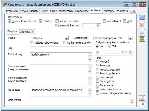 Panel administracyjny Comarch e-sklep Element Description dla pozostałych podstron sklepu internetowego