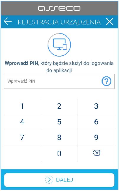 W następnym kroku aplikacja poprosi o wprowadzenie własnego kodu PIN służącego do logowania do aplikacji Asseco MAA.