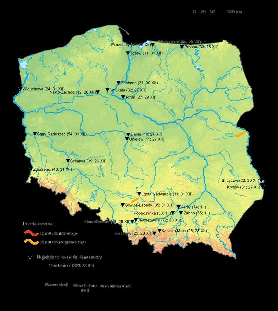 wody na głównych rzekach i wybrzeżu Bałtyku (w