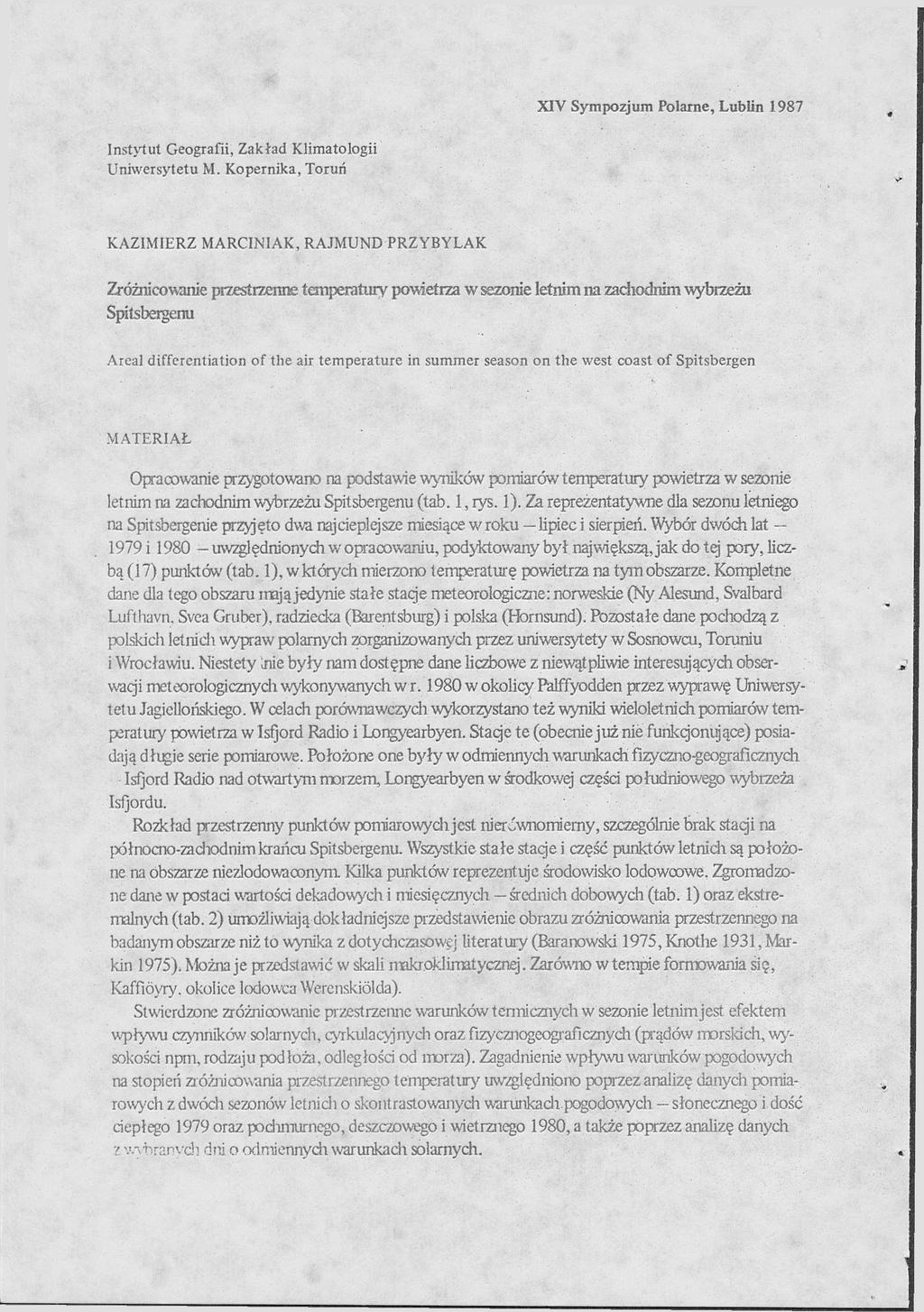 XV Sympozjum Polarne, Lubln 987 nstytut Geograf, Zakład Klmatolog Unwersytetu M.