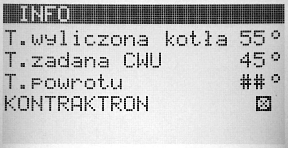 dodatkowa temperatura kotła dla mieszaczy, minimalna i maksymalna temperatura kotła. T. zadana CWU zadana temperatura CWU. T. powrotu zmierzona temperatura powrotu.