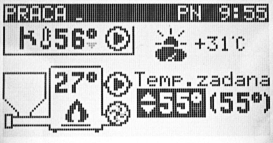 Należy przycisnąć klawisz, temperatura zadana kotła zostanie podświetlona co sygnalizuje, że za pomocą klawiszy klawiszy lub można zmienić nastawę temperatury.