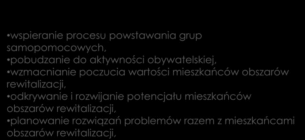 Zadanie 2 c.d. wspieranie procesu powstawania grup samopomocowych, pobudzanie do aktywności obywatelskiej, wzmacnianie poczucia wartości mieszkańców obszarów