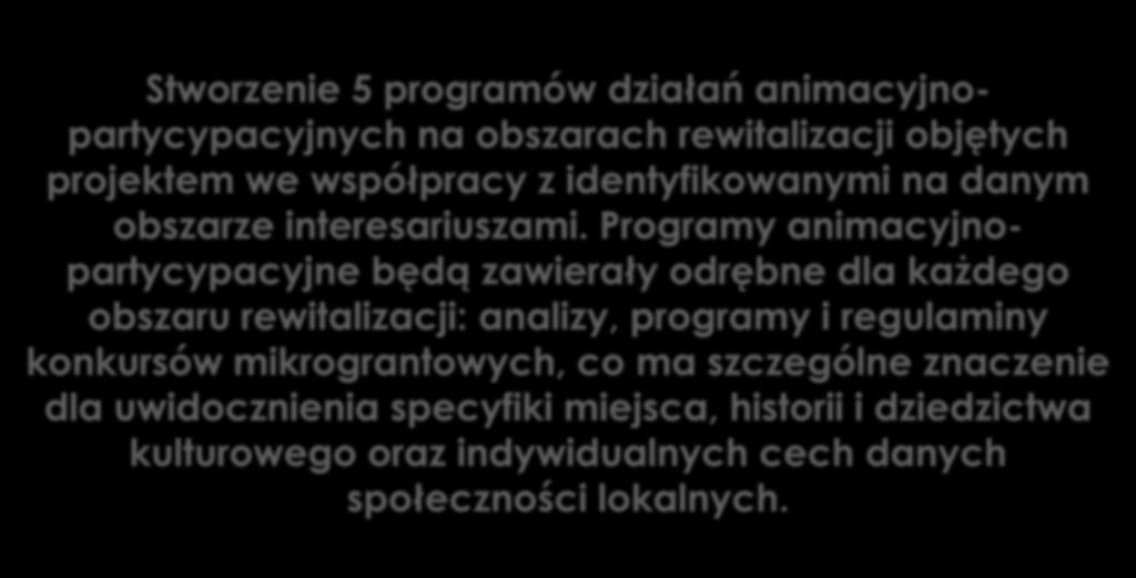 Zadanie 1 Stworzenie 5 programów działań animacyjnopartycypacyjnych na obszarach rewitalizacji objętych projektem we współpracy z identyfikowanymi na danym obszarze interesariuszami.