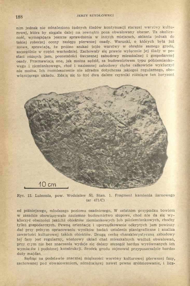 188 JERZY SZYDŁOWSKI nim jednak nie odnaleziono żadnych śladów kontynuacji starszej warstwy kulturowej, która by sięgała dalej na zewnątrz poza obwałowany obszar.