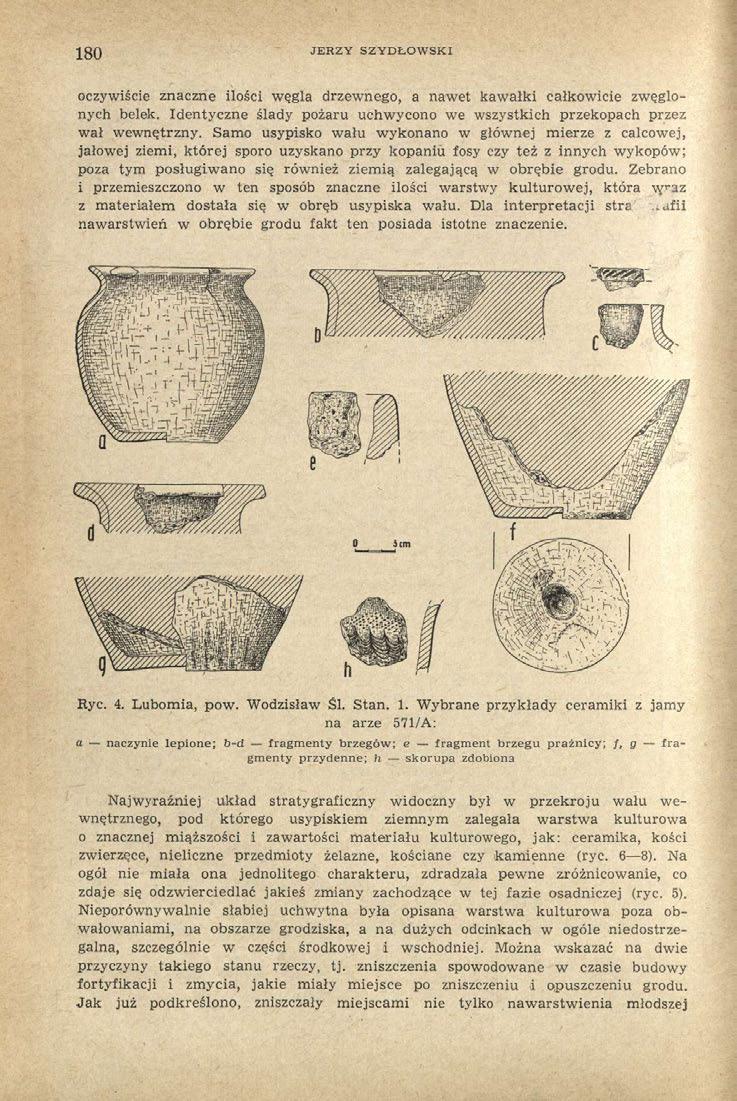 180 JERZY SZYDŁOWSKI oczywiście znaczne ilości węgla drzewnego, a nawet kawałki całkowicie zwęglonych belek. Identyczne ślady pożaru uchwycono we wszystkich przekopach przez wał wewnętrzny.