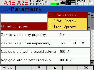 - akceptacja Anuluj - rezygnacja Rys.15. Ekrany trybu Parametry Tablica 1 Lp Nazwa parametru Cecha / wartość Opis Wartość fabryczna 1 Układ połączeń 3 faz.-4 przew. 3 faz.-3 przew. 1 faz.-2 przew.