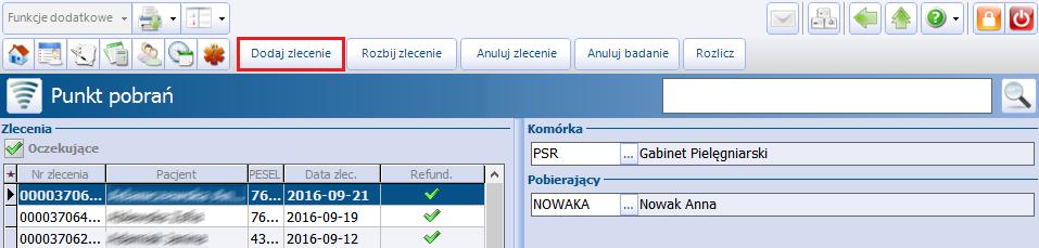 Punkt pobrań w mmedica 4.2 Ręczne dodanie zlecenia Z poziomu formatki Punktu pobrań istnieje możliwość dodania zlecenia, z pominięciem ścieżki związanej z wystawieniem skierowania.
