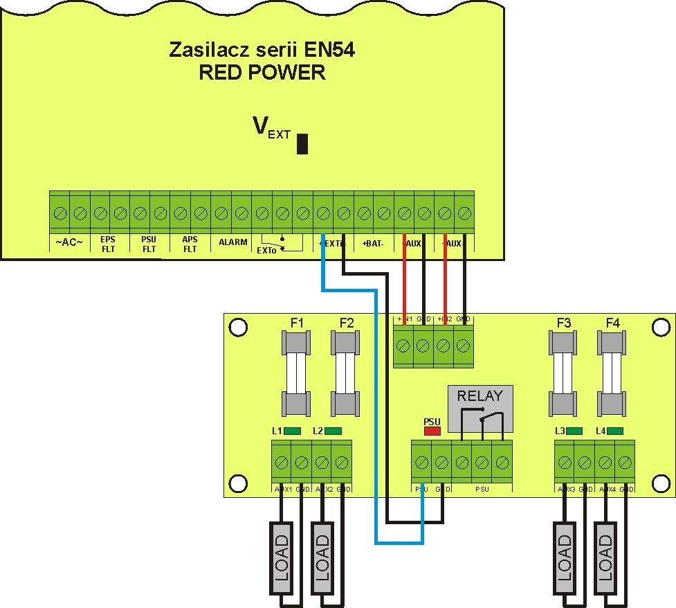 6.7. Rozszerzenie ilości wyjść zasilacza za pomocą opcjonalnych modułów bezpiecznikowych EN54-LB4 lub EN54-LB8.