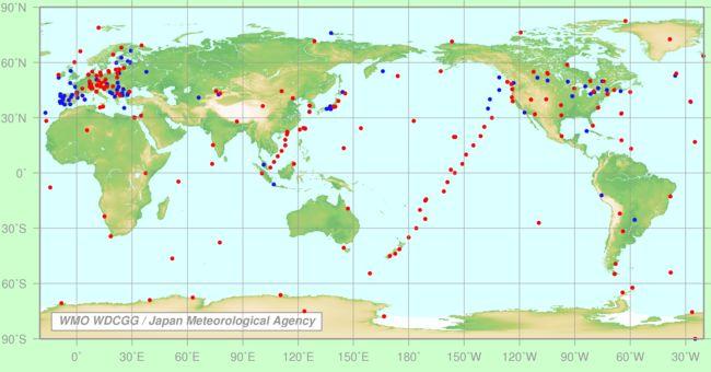 Regularne pomiary CO2 i innych gazów atmosferycznych są zbierane przez WMO World Data Centre