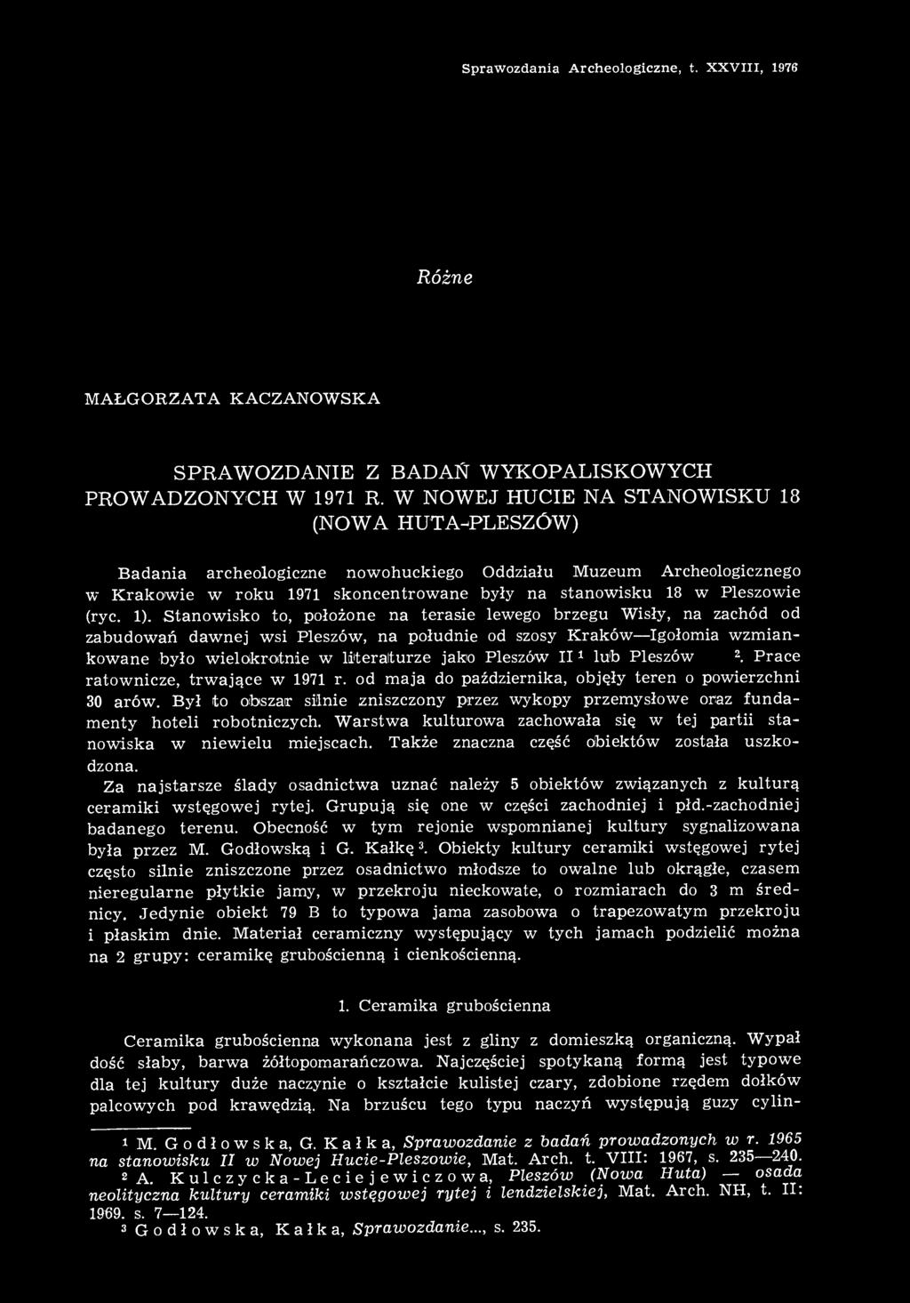 1). Stanowisko to, położone na terasie lewego brzegu Wisły, na zachód od zabudowań dawnej wsi Pleszów, na południe od szosy Kraków Igołomia wzmiankowane było wielokrotnie w literaturze jako Pleszów