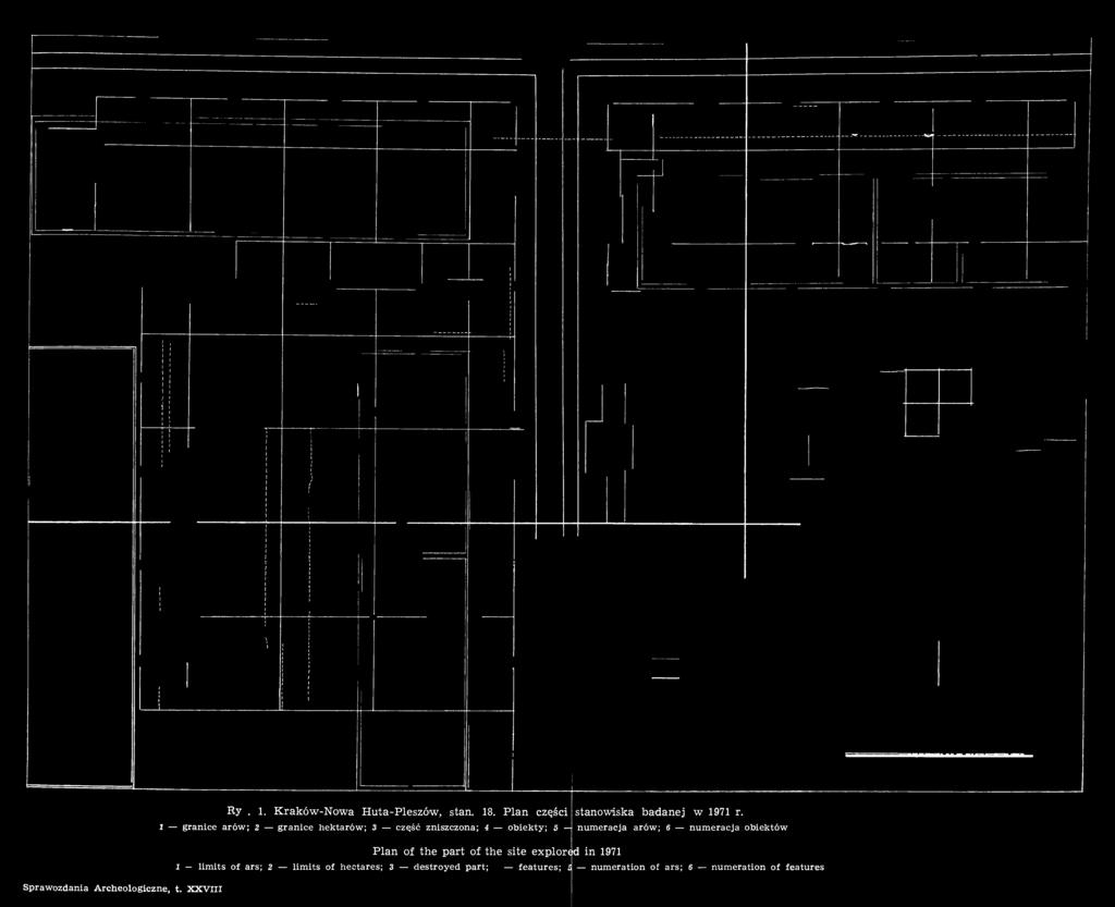 obiekty; 5 numeracja arów; 6 numeracja obiektów Plan of the part