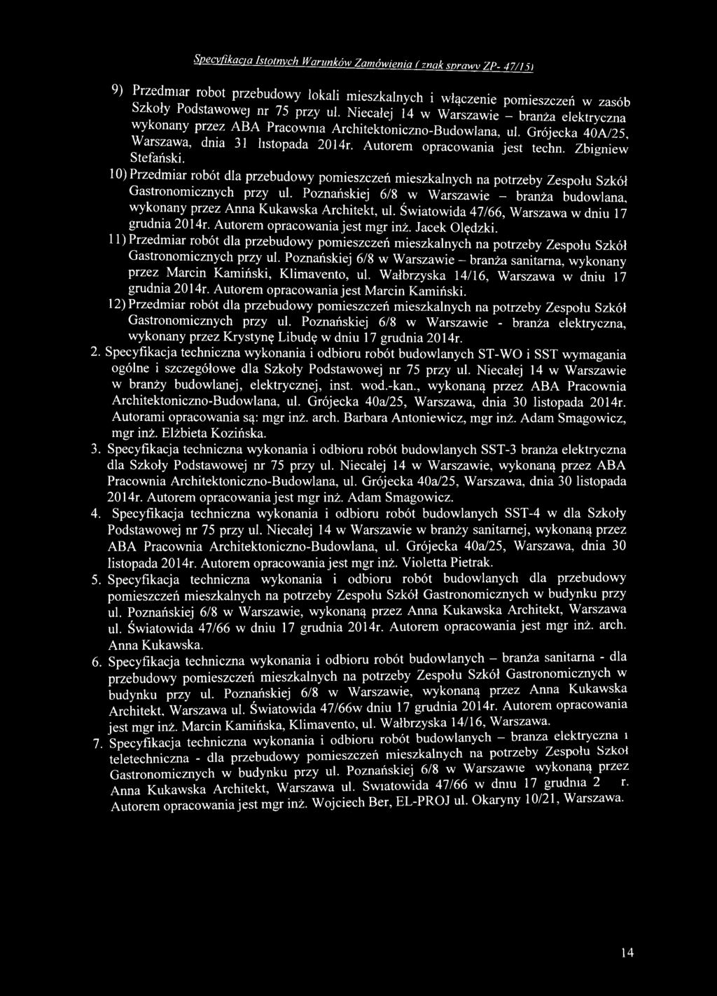 Jacek O lędzki. 11) Przedmiar robót dla przebudow y p om ieszczeń m ieszkalnych na potrzeby Z espołu Szkół G astronom icznych przy ul.