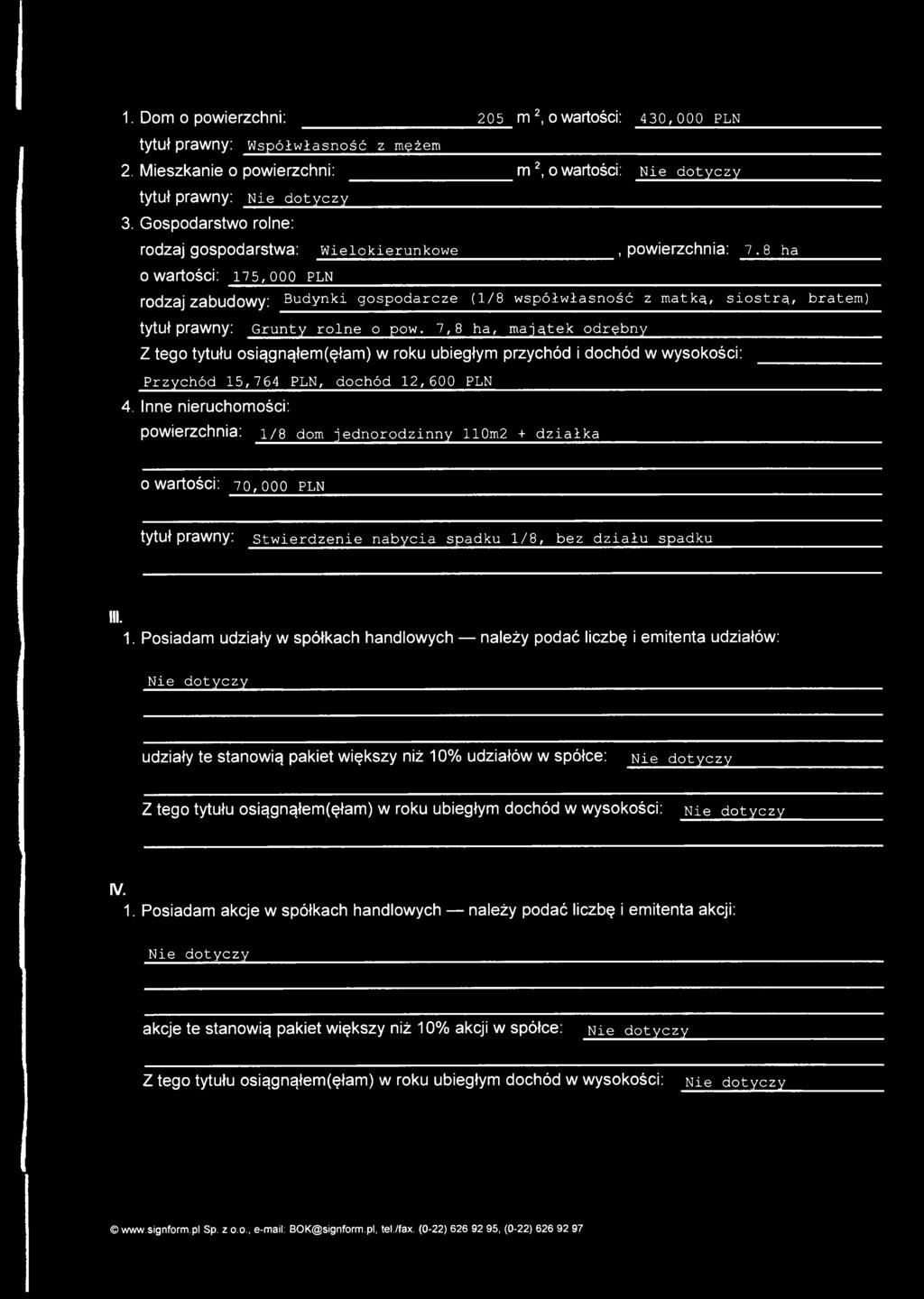 8 ha o wartości: 175,000 pln rodzaj zabudowy: Budynki gospodarcze (1/8 współwłasność z matką, siostrą, bratem) tytuł prawny: Grunty rolne o pow.