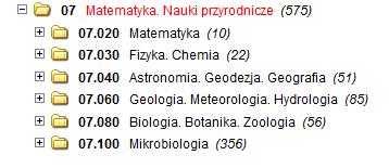 Klasyfikacja hierarchiczna ICS Stosowana w katalogach, trzypoziomowa Zdefiniowano-dziedziny, w tym np.: 7 MATEMATYKA.