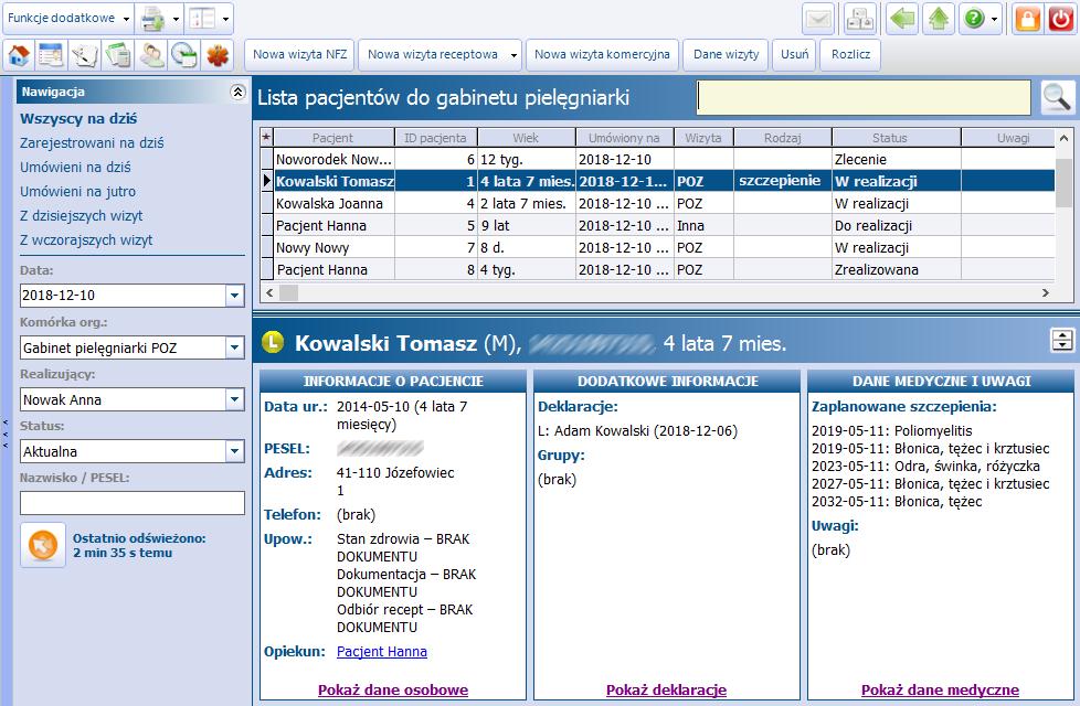 Lista pacjentów oczekujących do Gabinetu Z kolei w dolnej części formatki prezentowane są podstawowe informacje o pacjencie, który został zaznaczony przez użytkownika na powyższej liście.