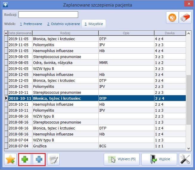 Ewidencja zabiegów Jeśli pacjentowi nie zaplanowano szczepień, okno będzie puste.