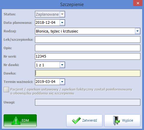 Ewidencja zabiegów Sekcja: Podanie leku W sekcji wprowadza się informacje o podaniu leku pacjentowi.